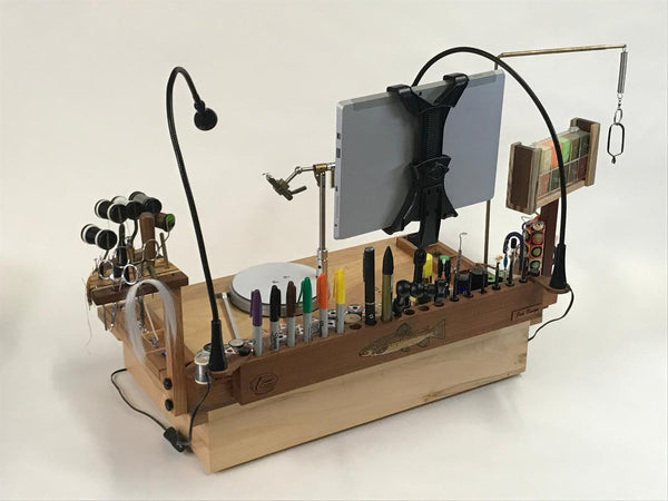 This back side view shows how well the tablet holder fits in the middle of this set up fly tying bench.
