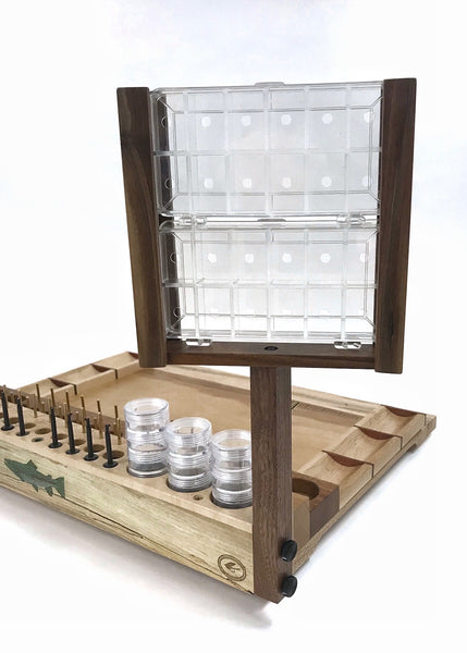 The double dubbing dispenser box swivel attached to a Trophy fly tying bench.