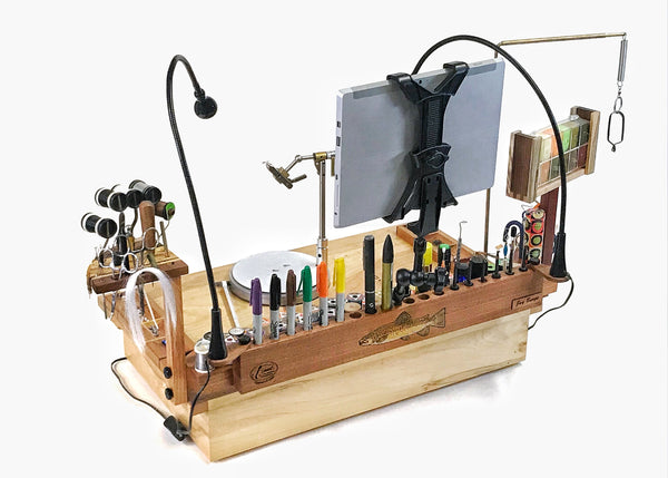 The A/V tool and tablet holder are perfect for fitting in with all the other items on the fly tying bench.