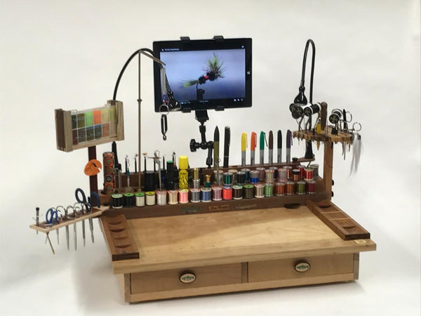 This is the two drawer Rainbow all set up with the accessories, tools and thread spools. Watching fly tying tutorials on a tablet while you tie is an awesome way to learn new patterns!